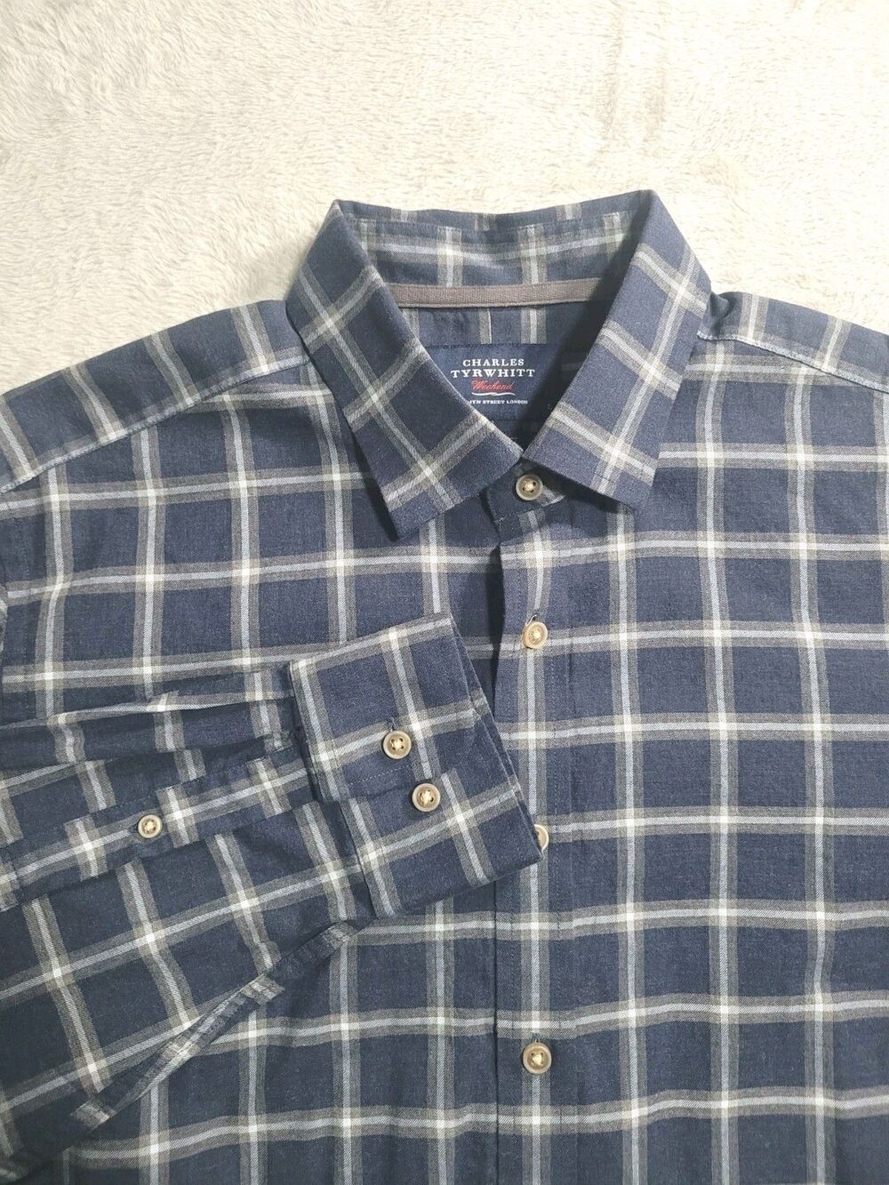 Charles Tyrwhitt Shirt Flannel Button Up Plaid Blue/White Long Sleeve Mens L